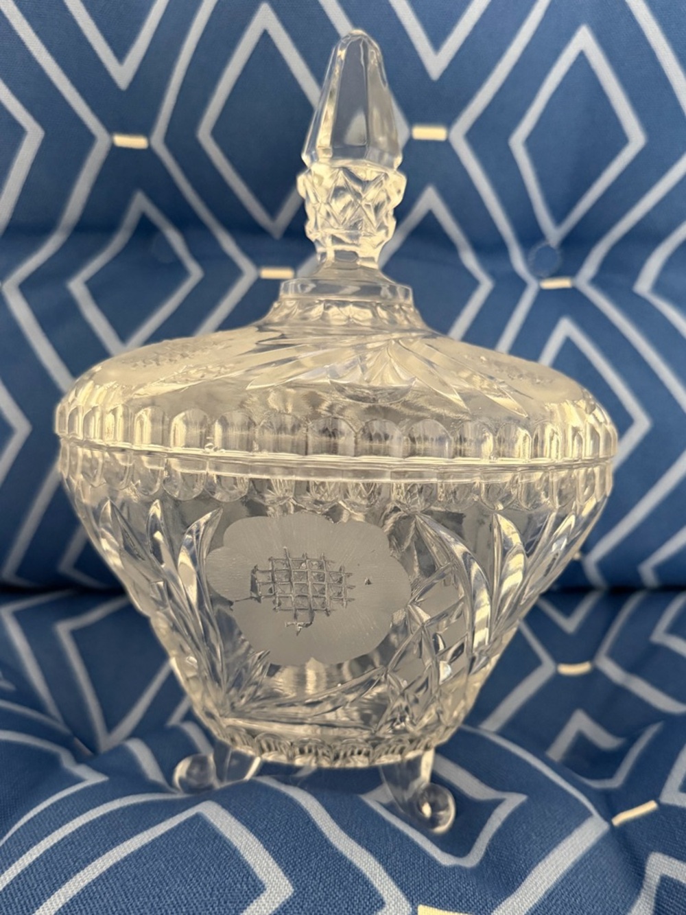 Vintage Cut Crystal Footed Dish with Lid ~ Starburst Candy Serving Bowl